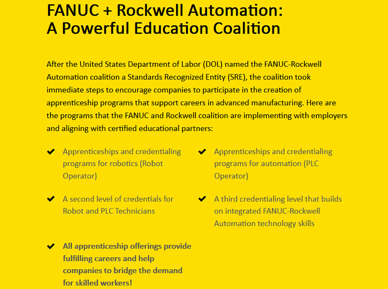 FANUC and Rockwell Automation Form Coalition to Quickly Address Manufacturing Skills Gap with Robotics and Automation Apprenticeship Programs